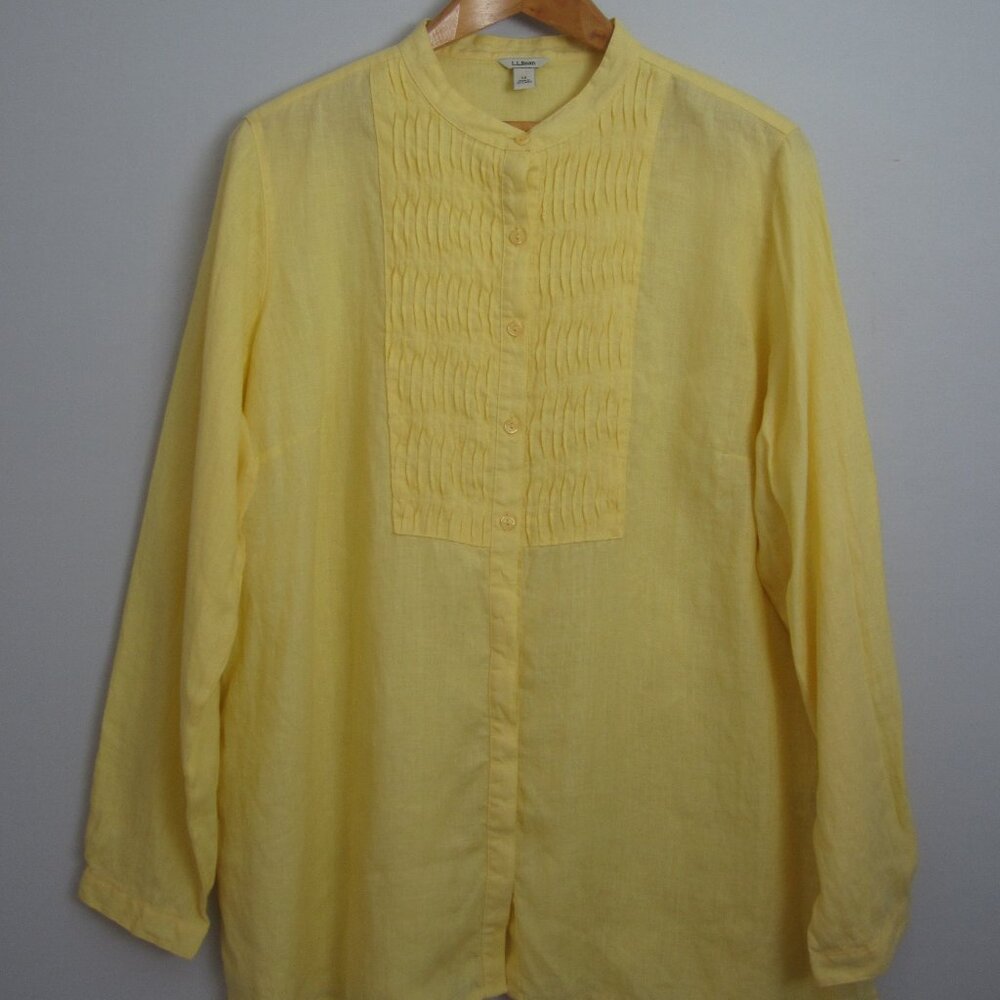 L.L. Bean Womens Plus 1X Yellow LS 100% Linen Shirt Blouse Eyelet Pinch Pleated